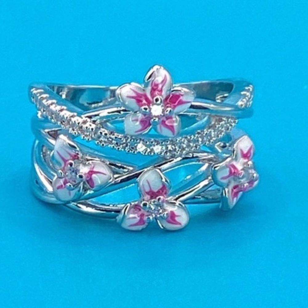 Sterling Silver (925) Wide Band Plumeria Flower Band